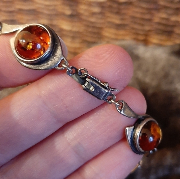 Vintage Amber Sterling Silver Bracelet 7.5" Art Nouveau Honey Unique Artsy Earth - Picture 4 of 8
